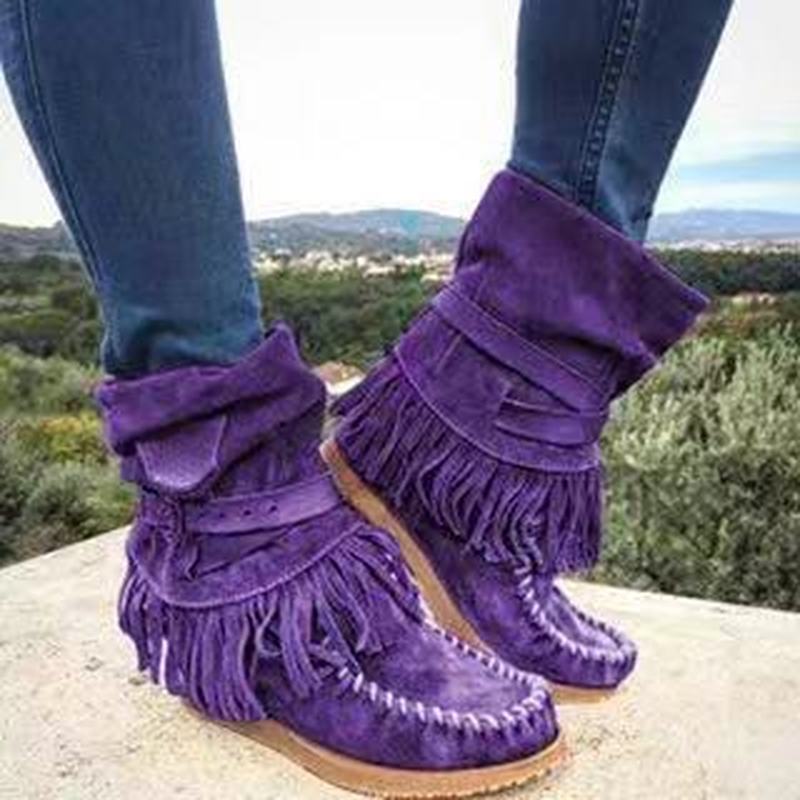 Suede Mid-Calf Moccasin Boots with Tassels