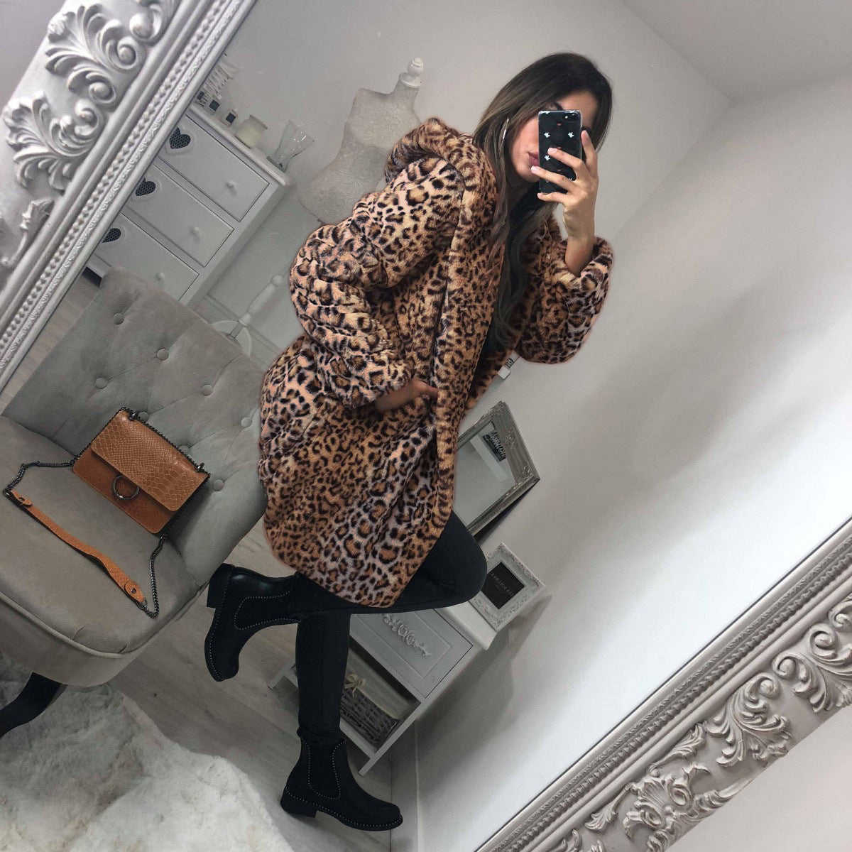Mid-Length Leopard Print Fake Fur Hooded Coat S-3XL