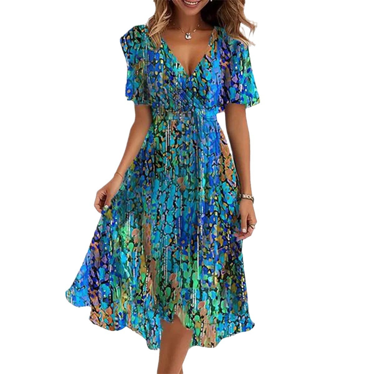Chiffon-Midikleid mit V-Ausschnitt und kurzen Ärmeln
