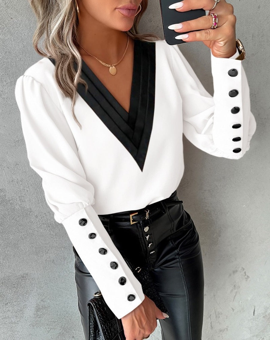 V-Neck Long Sleeve Blouse With Decorative Buttons