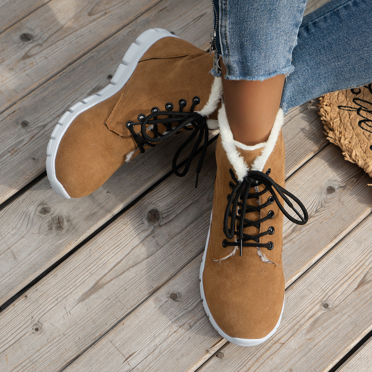 Lace-Up Flat Sole Plush Ankle Boots