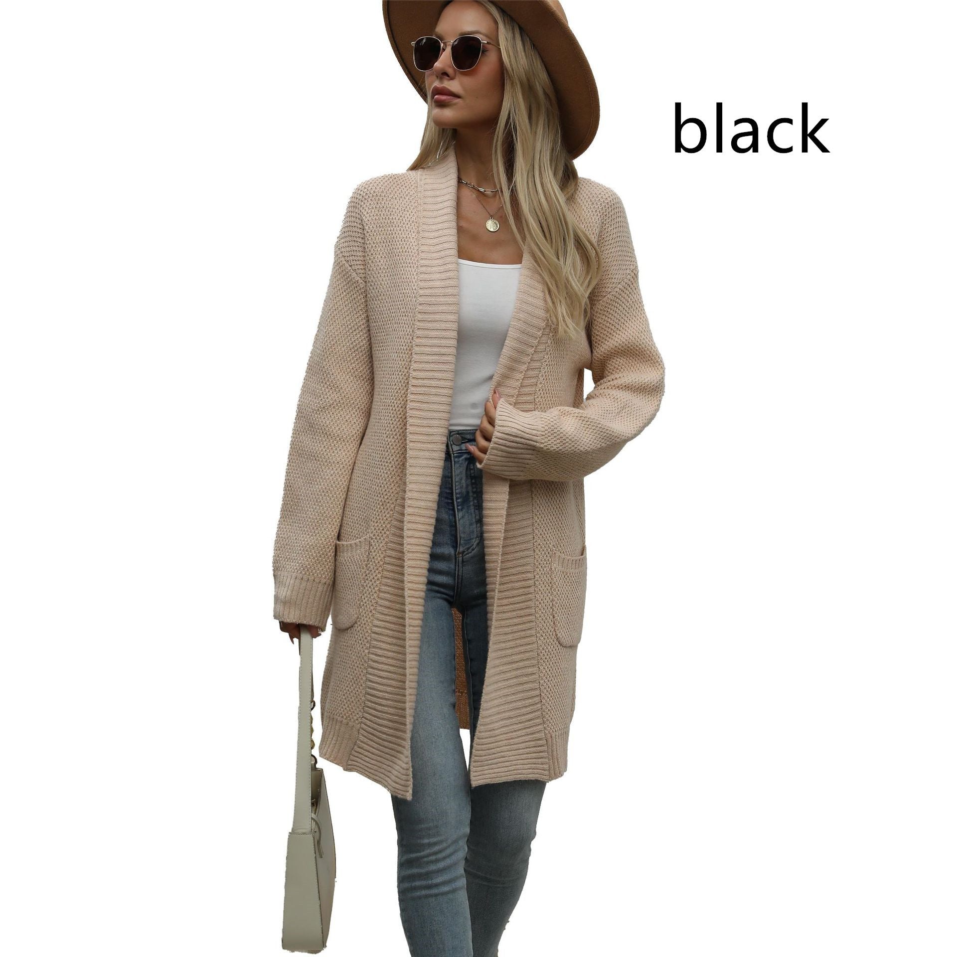Solid Colour Mid-Thigh Knit Cardigan with Pockets