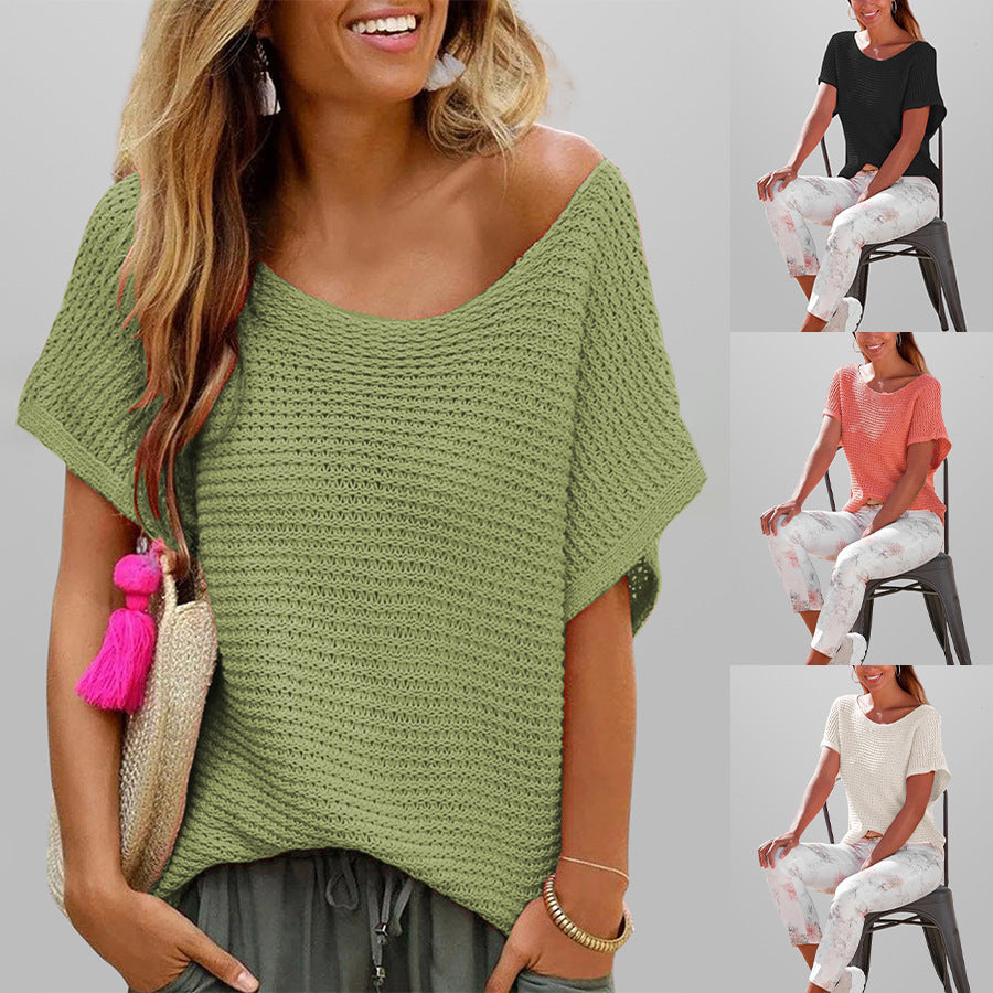 Solid Color Knit Short Sleeve Top