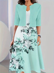Sleeveless Floral Midi Dress with Cardigan Two Piece Set
