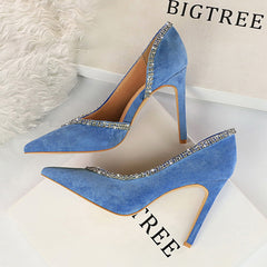 Wildleder High Heels mit spitzer Spitze und Strass in 6 Farben