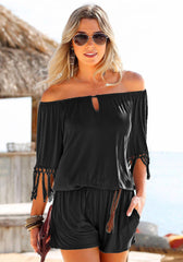 Off-the-Shoulder Romper with Tasseled Short Sleeves and Pockets in 3 Colors S-XXL