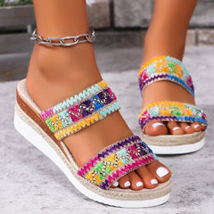 Woven Wide Linen Strap Ethnic Sandals with Wedge Heel