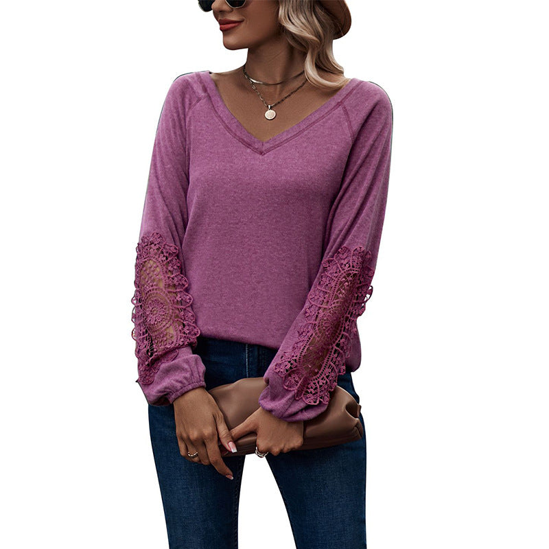 V-Neck Long Sleeve Top with Lace Detail in 5 Colors Sizes 4-20