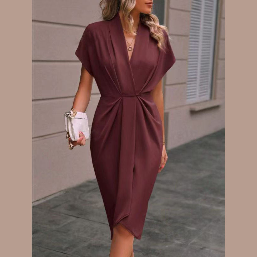 Elegant Pleated V-Neck Short Sleeve Wrap Midi Dress