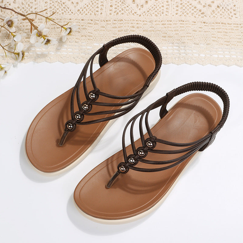 Thong Beaded Sandals with Elastic Ankle Strap