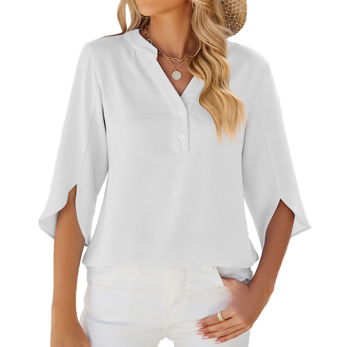 Button V-Neck Chiffon Half Sleeve Blouse