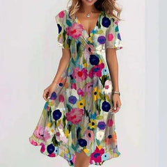 Chiffon-Midikleid mit V-Ausschnitt und kurzen Ärmeln