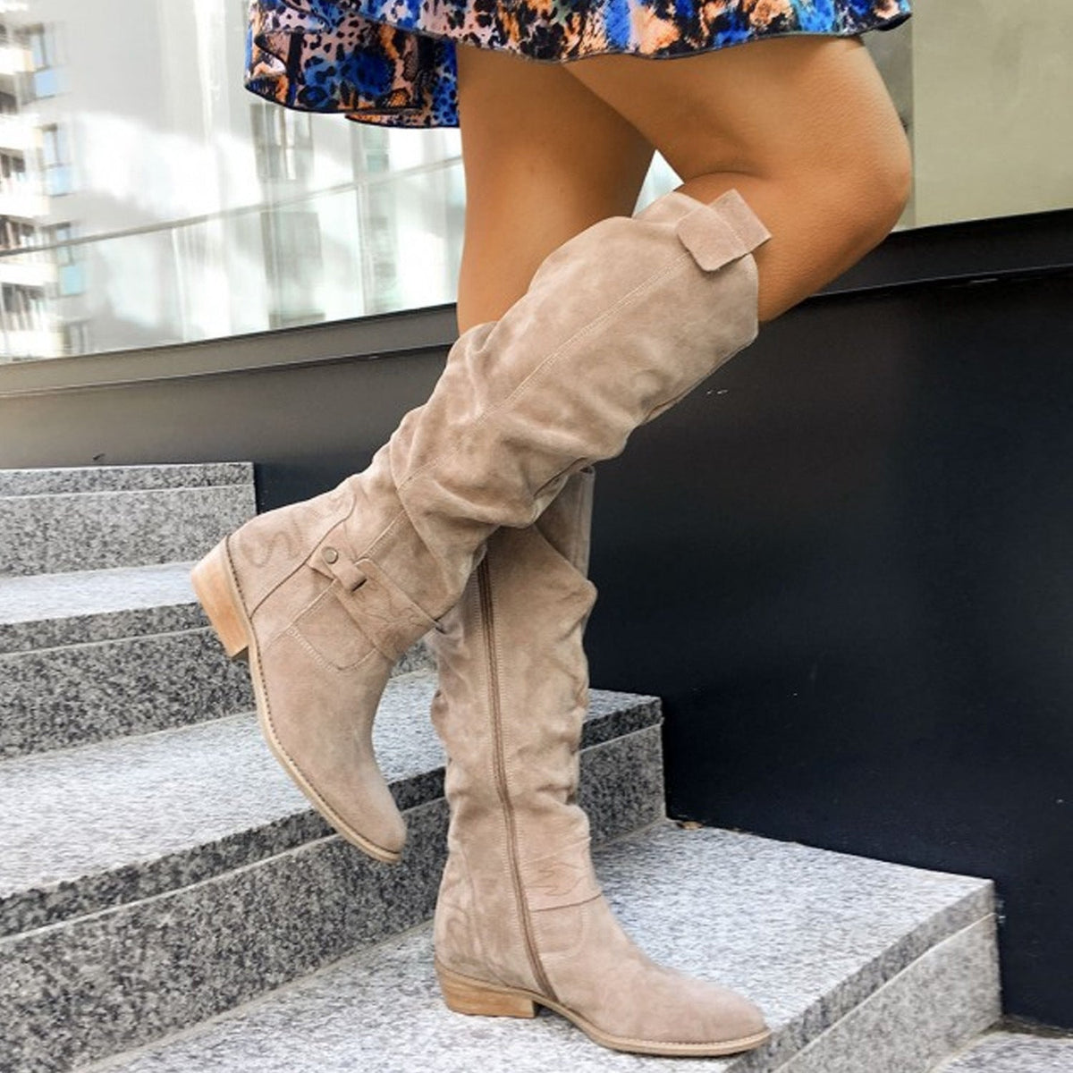 Suede Low Heel Knee High Boots