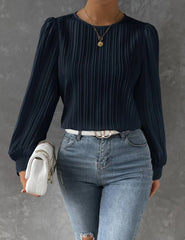 Round Neck Ribbed Top with Long Lantern Sleeves in 2 Colors S-XL
