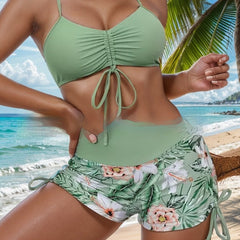 Tropical Print Two-Piece Bikini with Shorts in 4 Colors S-2XL