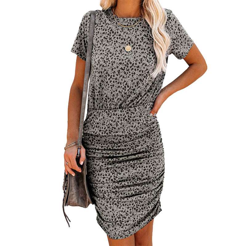 Knee-Length Short Sleeve Leopard Dress with Elastic Waist