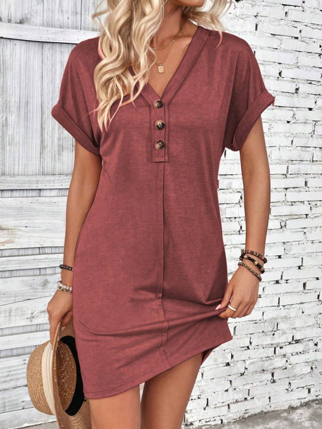 Robe chemise unie à manches courtes et col en V