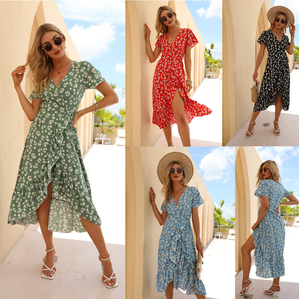 Floral V-Neck Ruffled Chiffon Midi Dress with Asymmetric Hem
