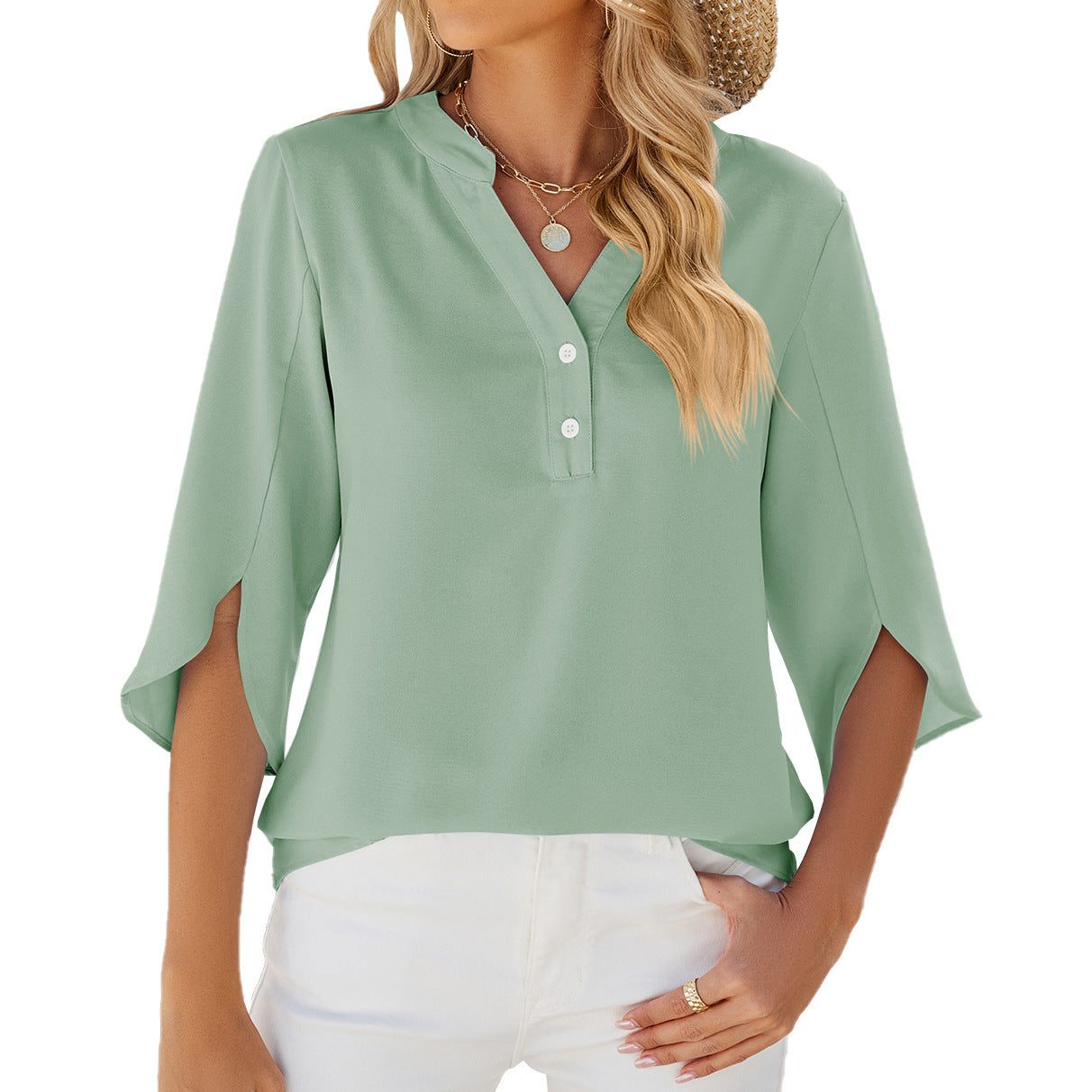 Button V-Neck Chiffon Half Sleeve Blouse