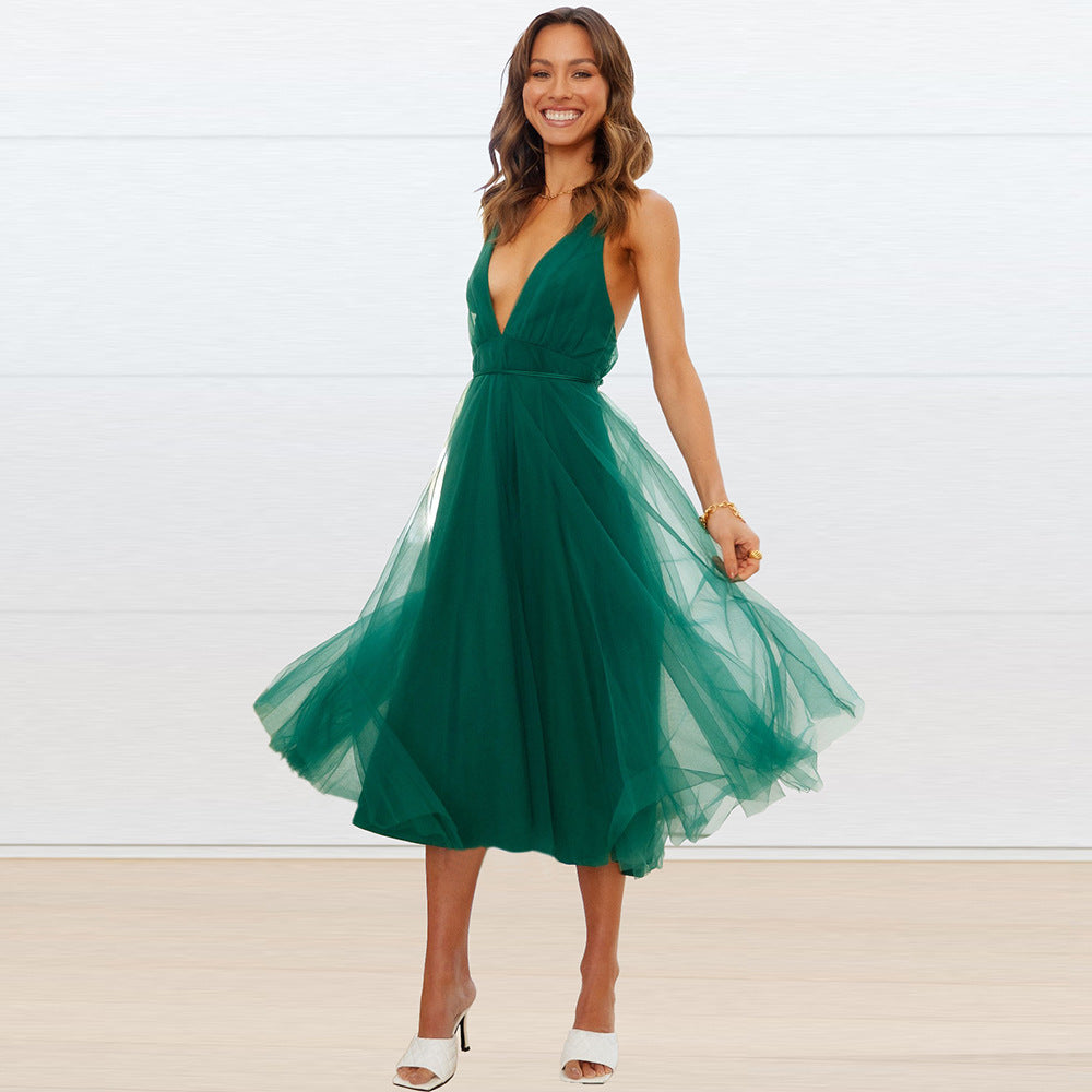 V-Neck Sleeveless Formal Dress with Gauze Overlay