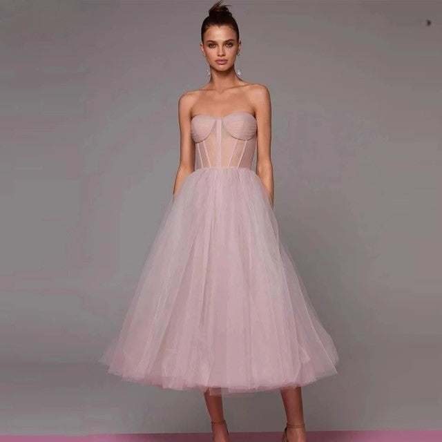 Sleeveless Formal Evening Dress with Corset Lace-Up Bodice