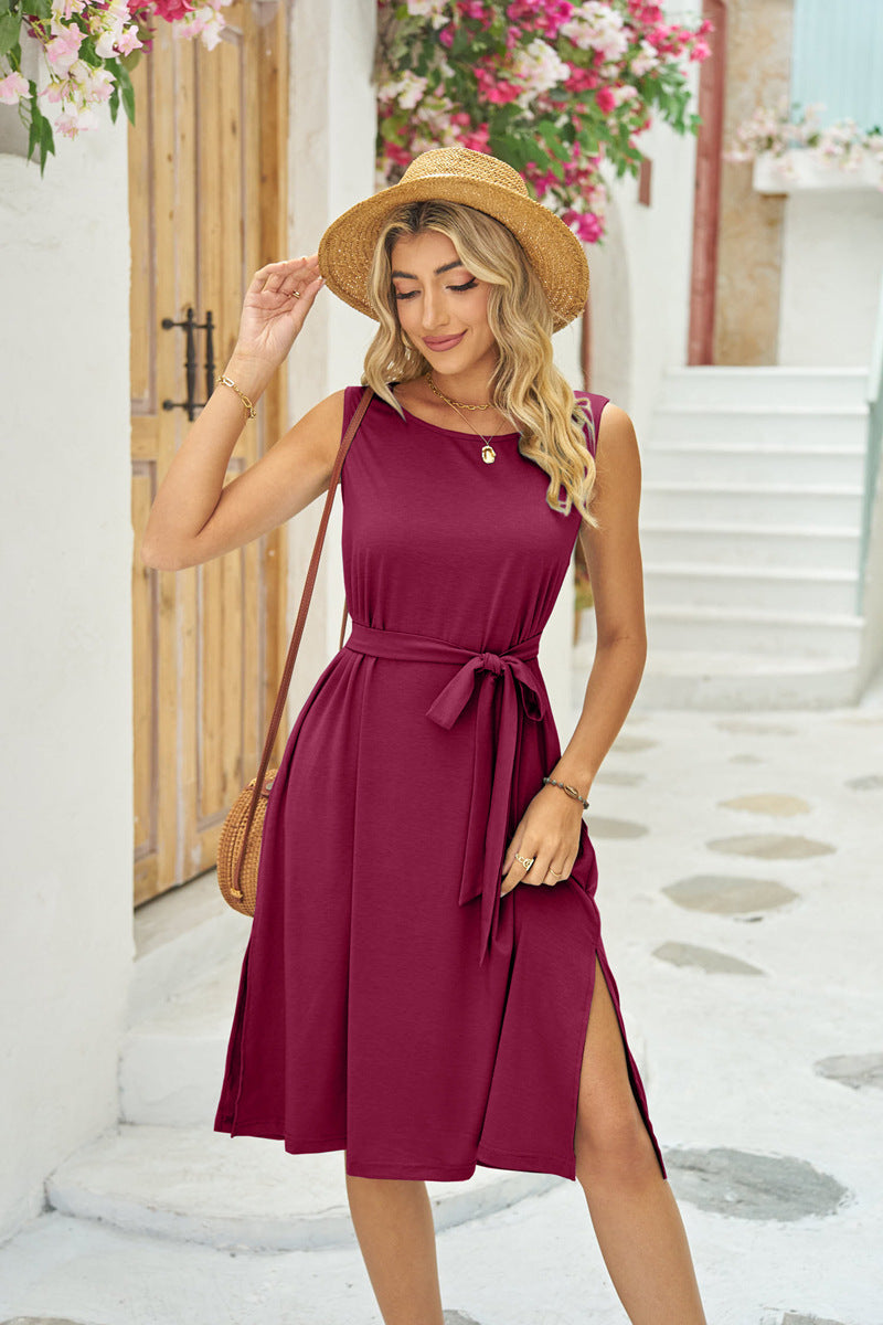 Sleeveless Midi Dress with Pockets and Waist Tie