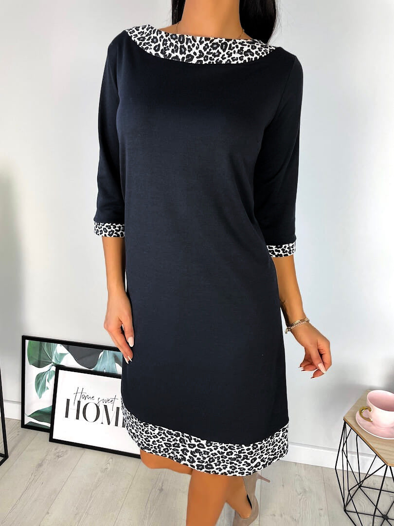 Three-Quarter Sleeve Black Midi Dress with Leopard Print Trim
