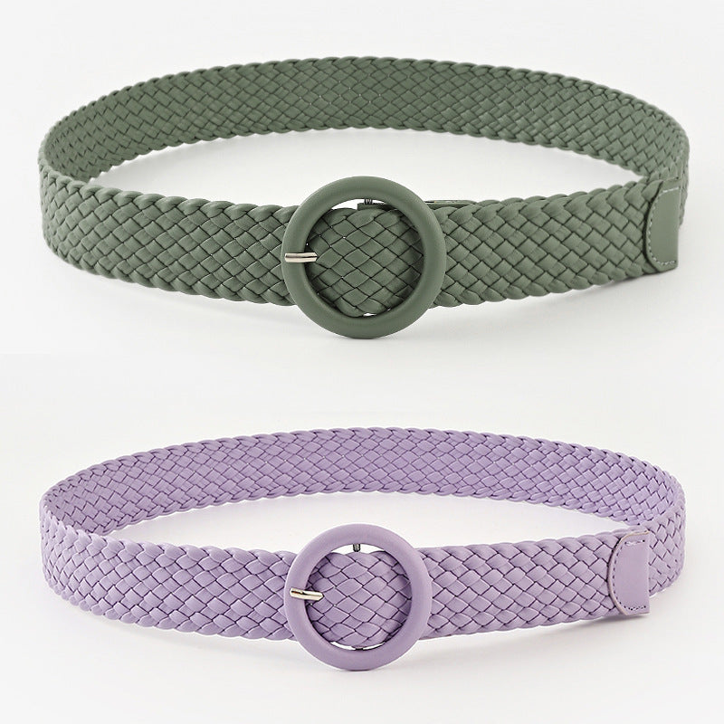 Woven Solid Colour Belt with Round Buckle