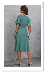Robe mi-longue bleu paon à col en V, avec lien à la taille et manches courtes, tailles S à XXL