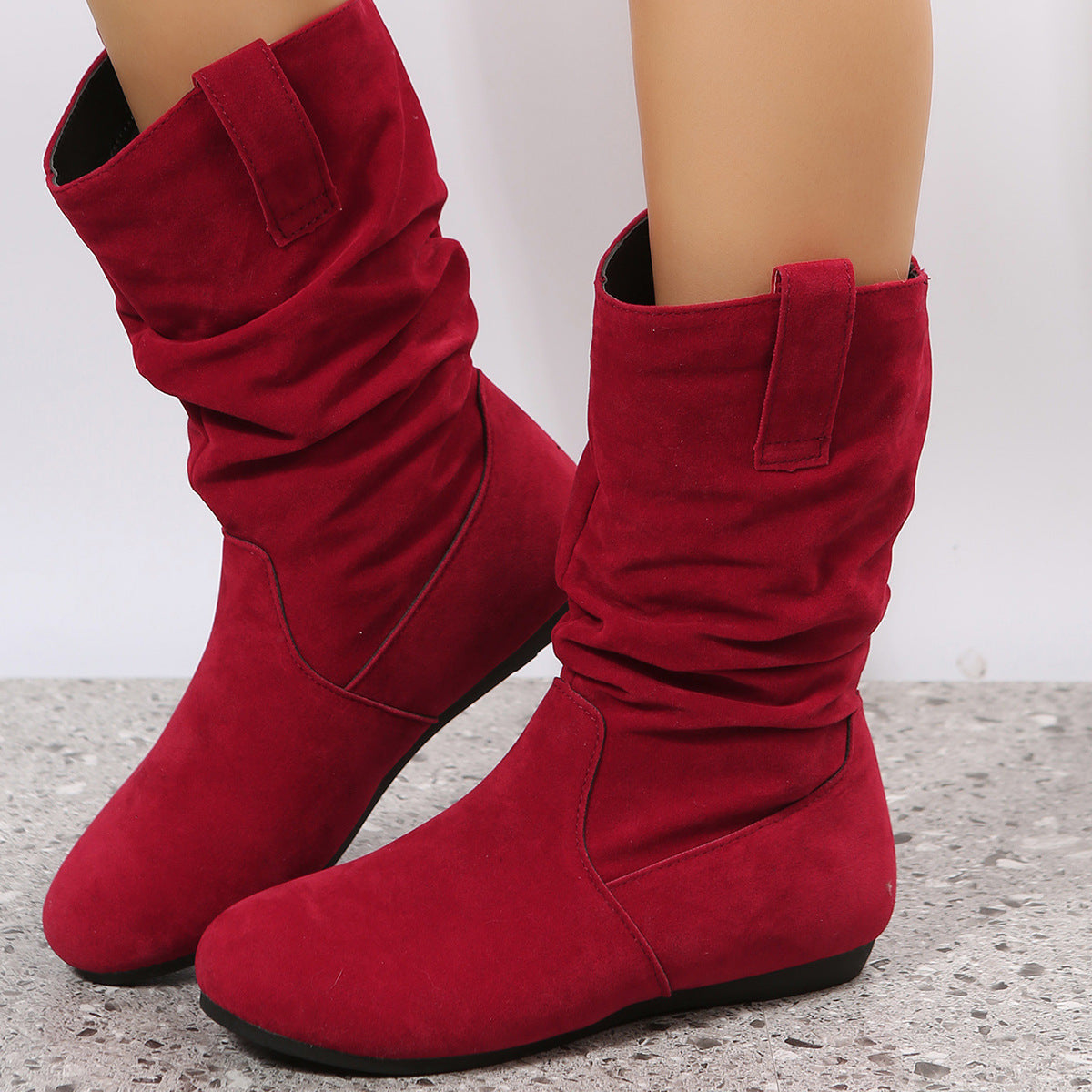Suede Low Heel Fleece-Lined Slouch Boots