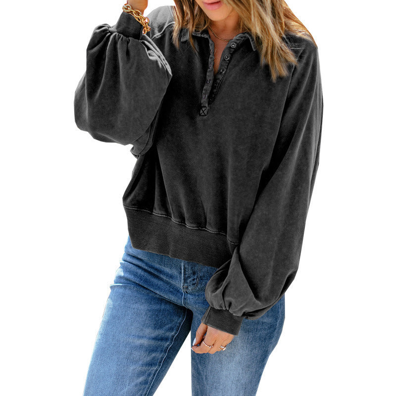 Loose Fit V-Neck Button Collar Sweatshirt