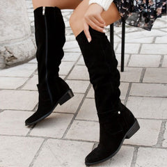 Suede Low Heel Knee High Boots