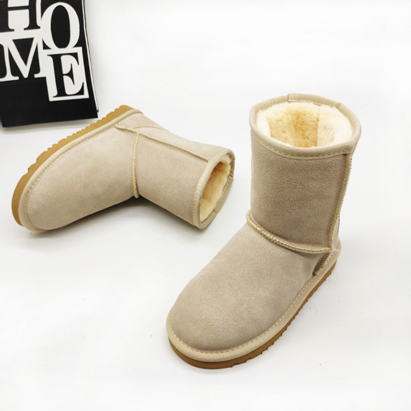 Leather Mid-Calf Flat Heel Snow Boots