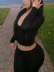 Two Piece Long Sleeve Crop Top Flare Pants Sets