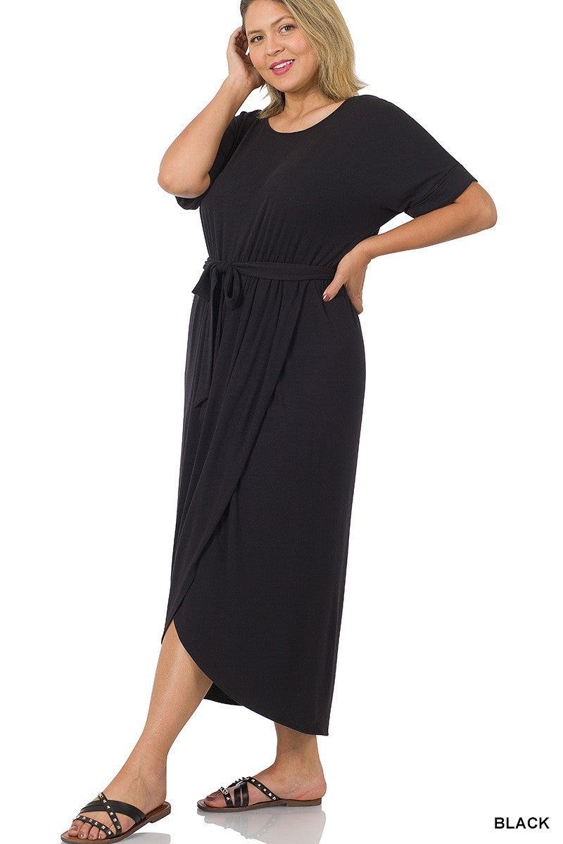 Plus Size Tulip Dress with Round Neck, Waist Tie and Short Sleeves 1X-3X