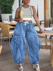 Bow Tie Elastic Waist Loose Jeans