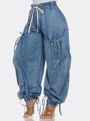 Bow Tie Elastic Waist Loose Jeans