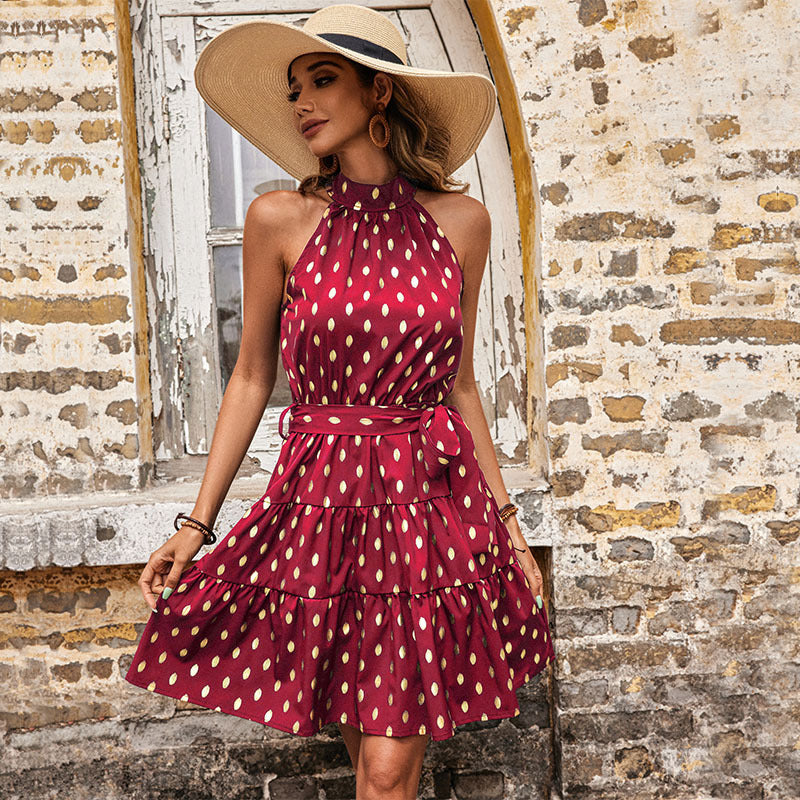Halterneck Sleeveless Dot Midi Dress with Waist Tie in 3 Colors S-2XL