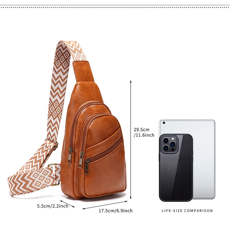 Solid Colour Crossbody Bag with Printed Strap