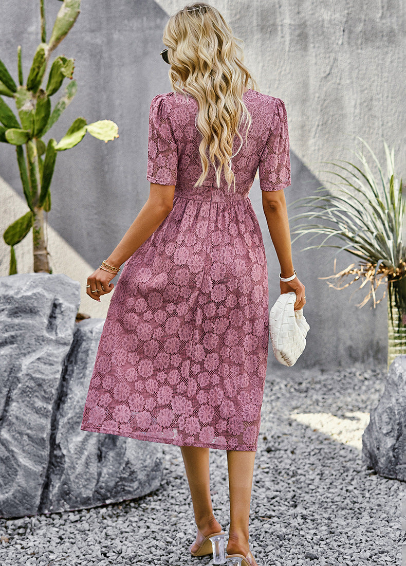 Elegant Short Sleeve V-Neck Formal Dress with Lace Overlay