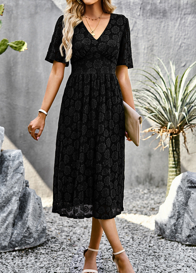 Elegant Short Sleeve V-Neck Formal Dress with Lace Overlay