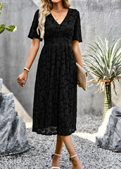 Elegant Short Sleeve V-Neck Formal Dress with Lace Overlay