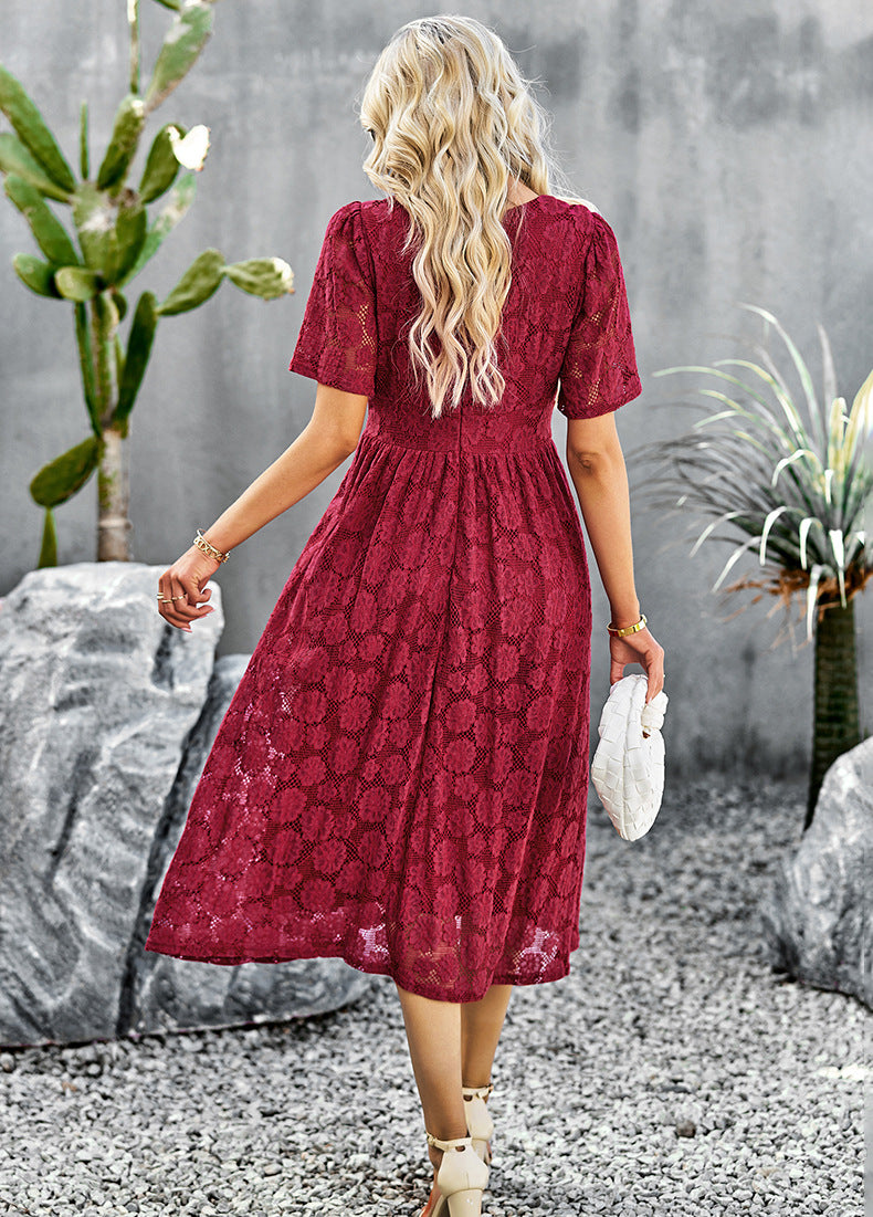 Elegant Short Sleeve V-Neck Formal Dress with Lace Overlay