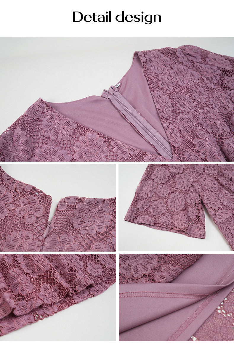 Elegant Short Sleeve V-Neck Formal Dress with Lace Overlay