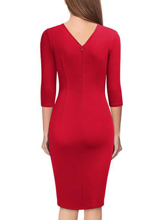 Formelles Midi-Wickelkleid mit 3/4-Ärmeln, V-Ausschnitt und Gürtel