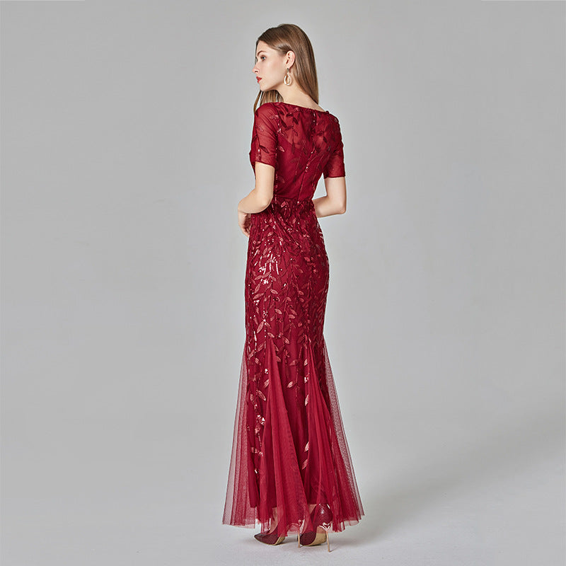 Elegant Short Sleeve Evening Gown with Chiffon and Lace Overlay