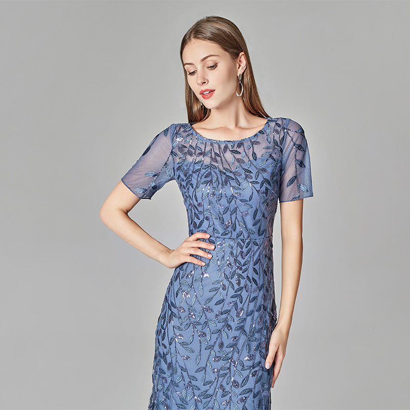 Elegant Short Sleeve Evening Gown with Chiffon and Lace Overlay