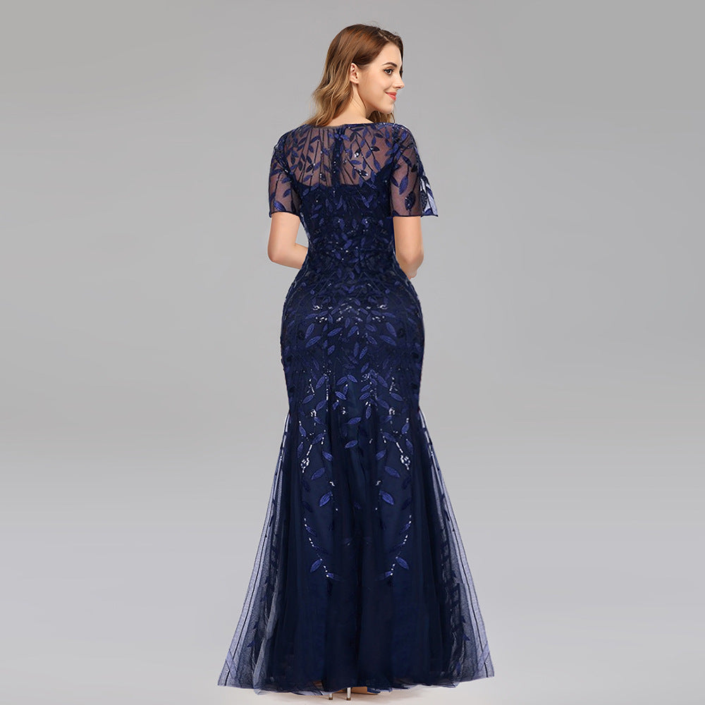 Elegant Short Sleeve Evening Gown with Chiffon and Lace Overlay