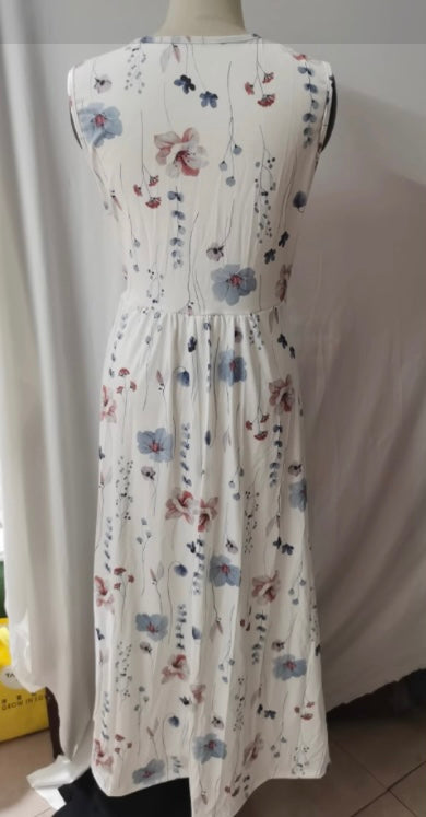 V-Neck High Waist Sleeveless Floral Midi Dress