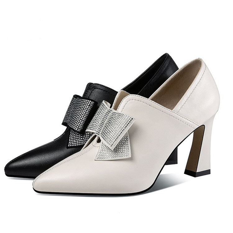 Elegant High Heel Shoes with Rhinestone Bow and Pointed Toe